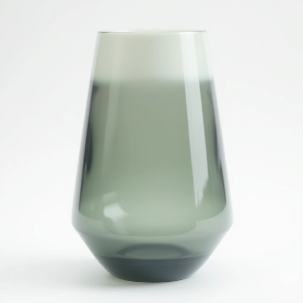 Modern tapered glass vase with gradient from dark smoke gray to light sage green, empty vase centered on pure white background, studio lighting with sharp focus
