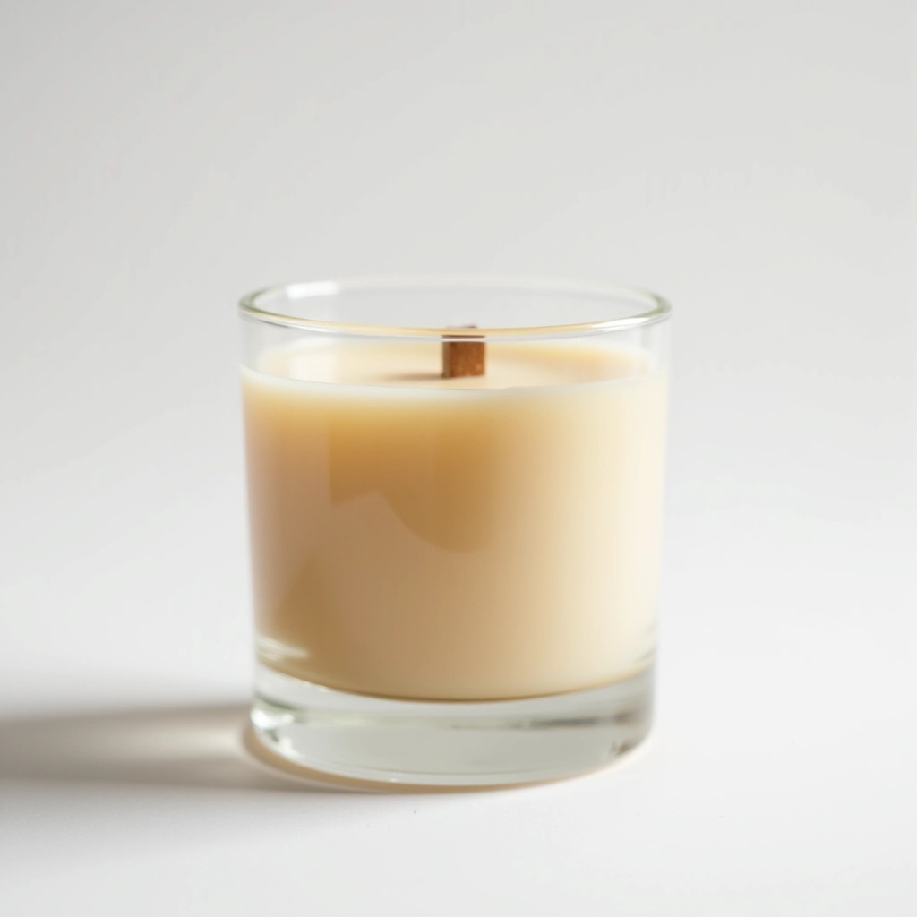 Premium hand-poured soy candle in clear glass jar, warm amber and cedarwood fragrance, minimalist design on white background