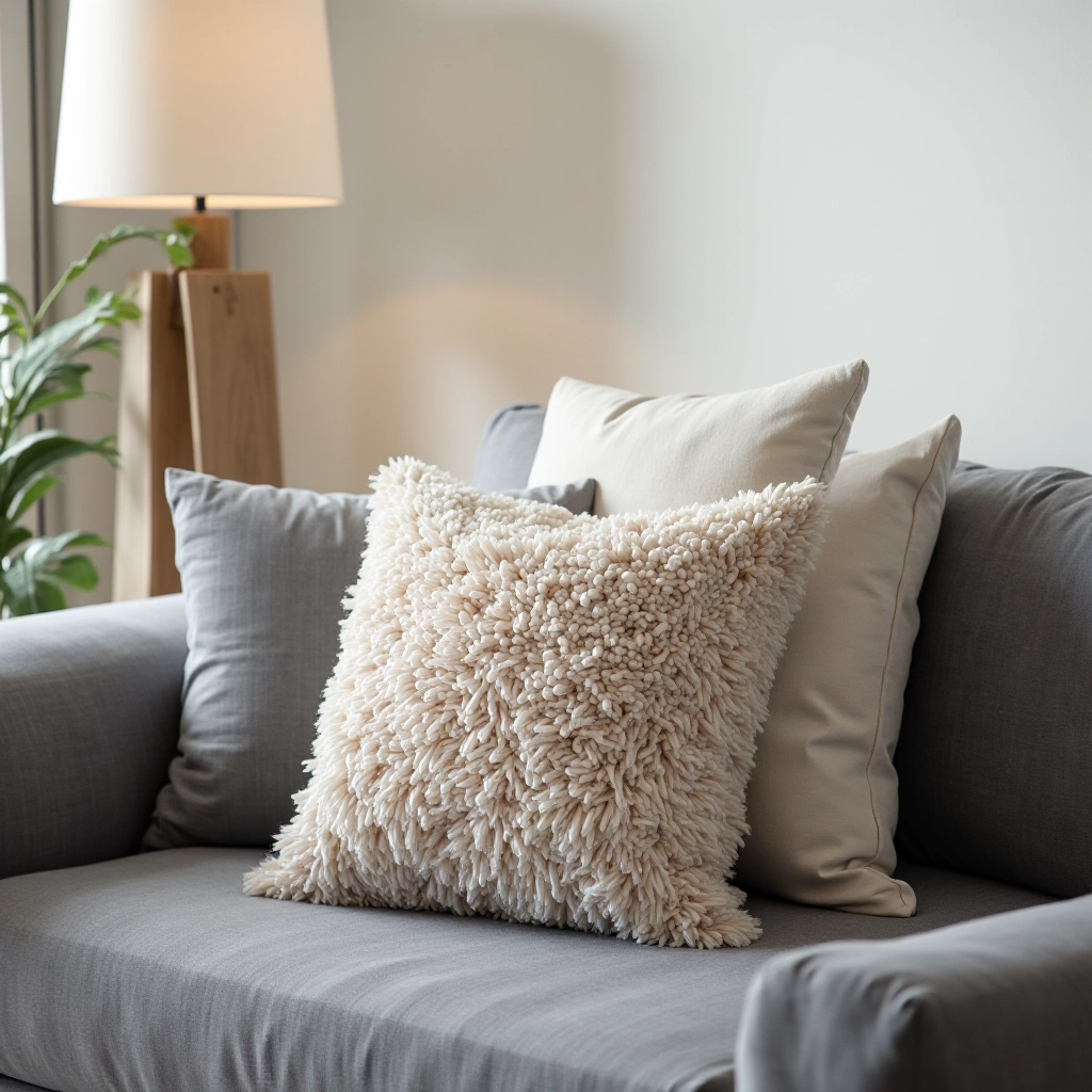 Oversized charcoal linen pillow displayed on contemporary gray sofa, showing scale and proportions in furnished living room setting