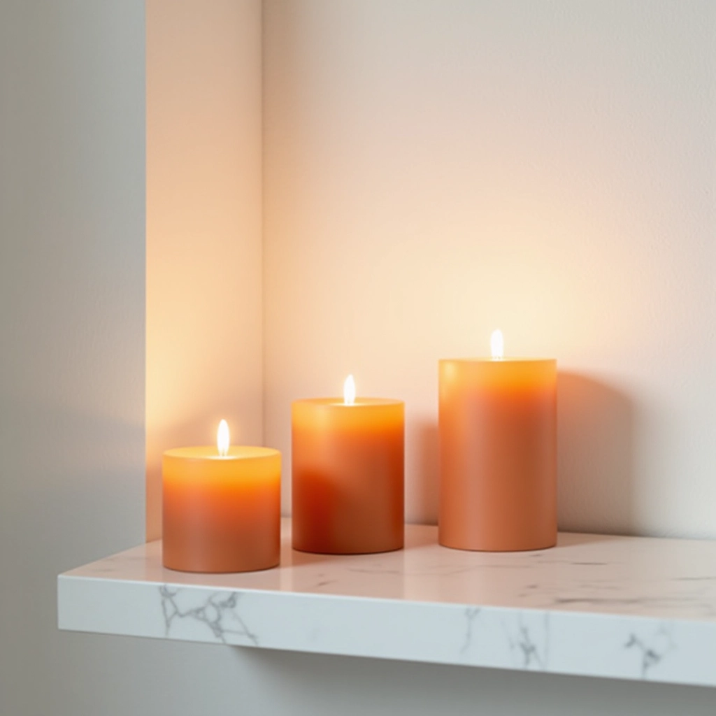 Three terra cotta pillar candles arranged on white marble shelf with minimalist decor items, warm candlelight glowing, apartment interior styling